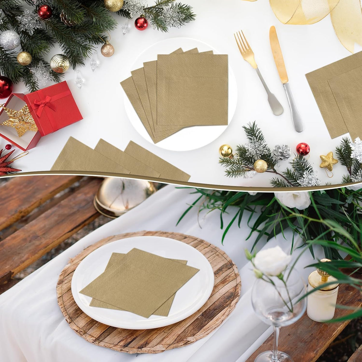 NatNarr 120 Pcs Cocktail Napkins Gold Napkins Disposable Dessert Beverage Napkin Gold Party Napkin for Wedding, Celebrate, Christmas, 5 x 5 Inch