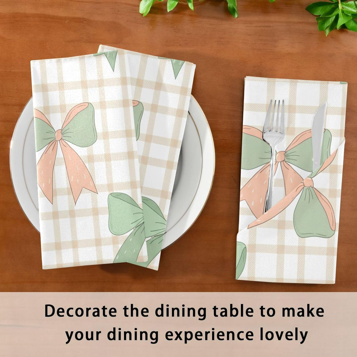 Cloth Napkins Set of 6 Green Peach Bows on Checkered Dinner Napkins 20x20 in, Washable & Reusable Fabric Table Napkin for Dining Parties Holiday, Eco-Friendly