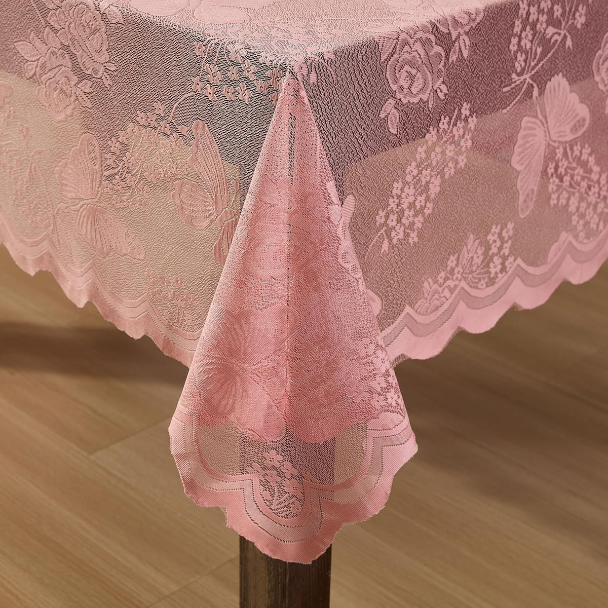 HLC.ME Butterfly Floral Lace Tablecloth, Rectangle, 60x84 Inch, Blush Pink