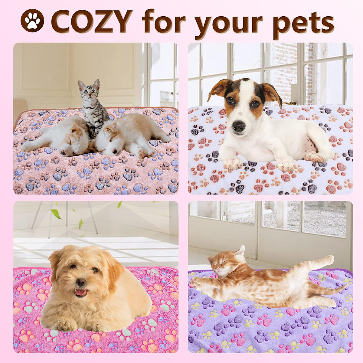 Blanket-Premium-Flannel-Medium-Printed Throw for Cats Dog Puppy Animals Soft Fluffy Fleece Pet Blankets Cozy Warm Sleep Mat Cute Paw Pink