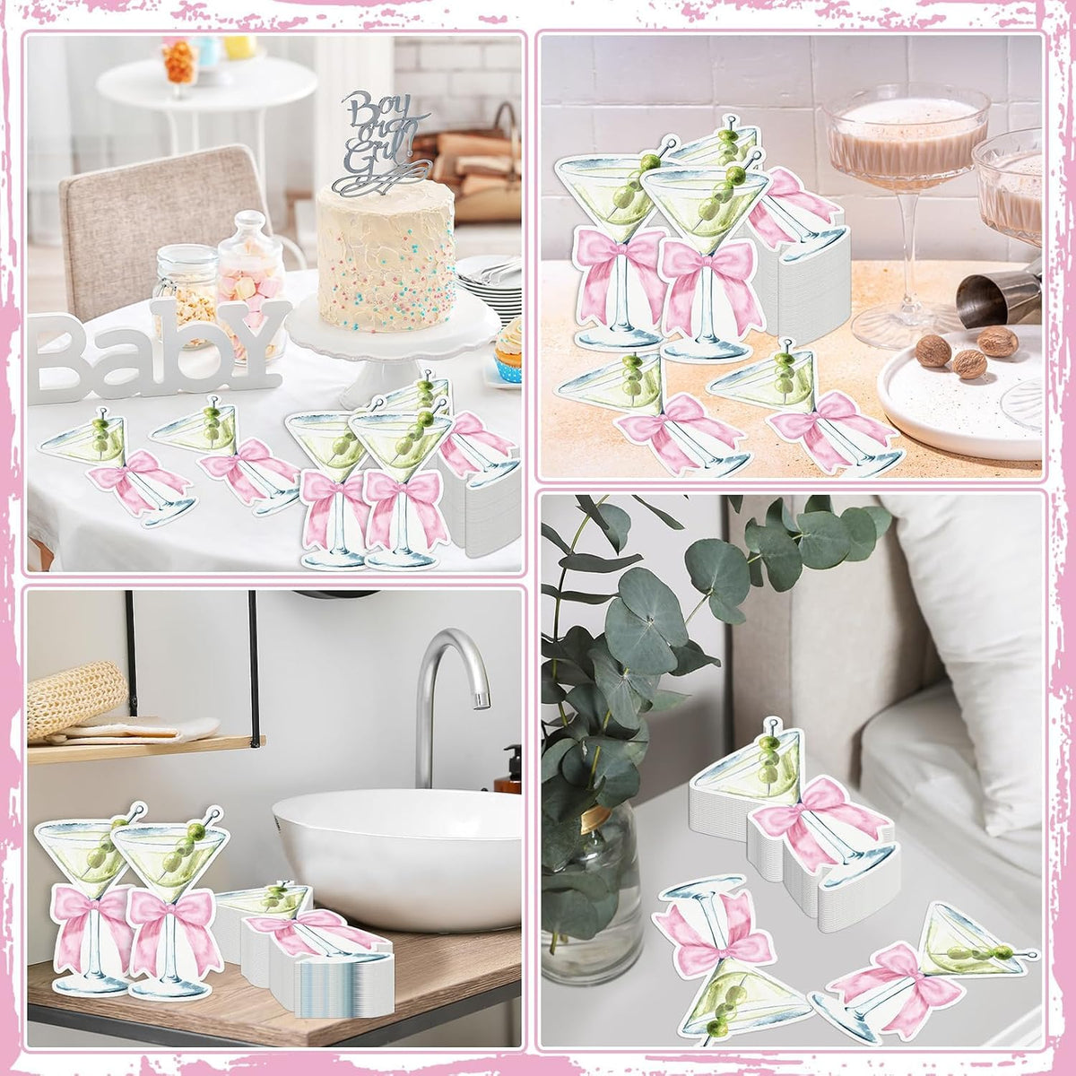 50PCS Martini Bow Napkins,Pink Martini Party Decorations