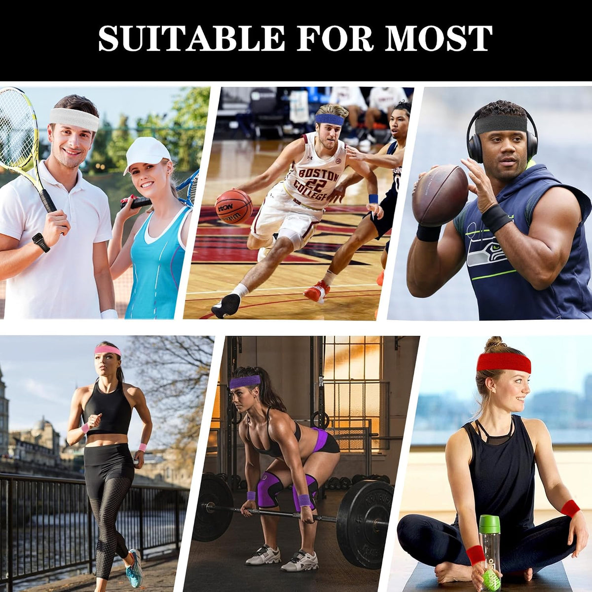 6 Pieces Sweatband Set Sports Headband Wristband Set, Moisture Wicking Athletic Sweatbands 4 Wrist Sweatband and 2 Headbands, Terry Cloth Sweat Absorbing Head Band for Workout