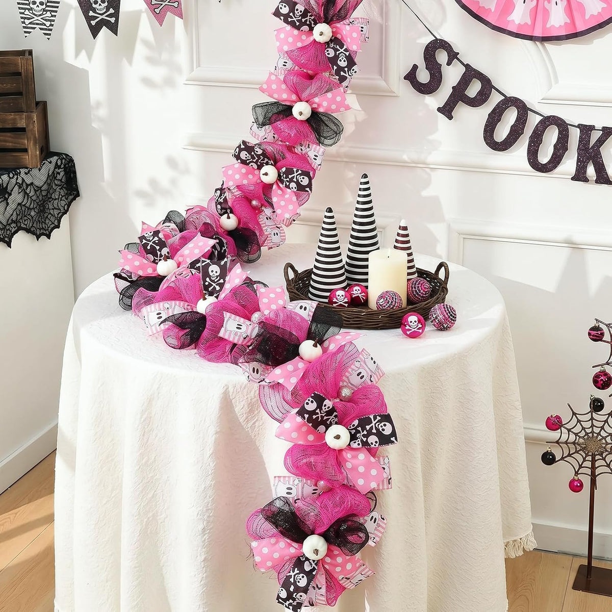 Pink Halloween Ghost Garland Decor, Farmhouse Garland for Mantel