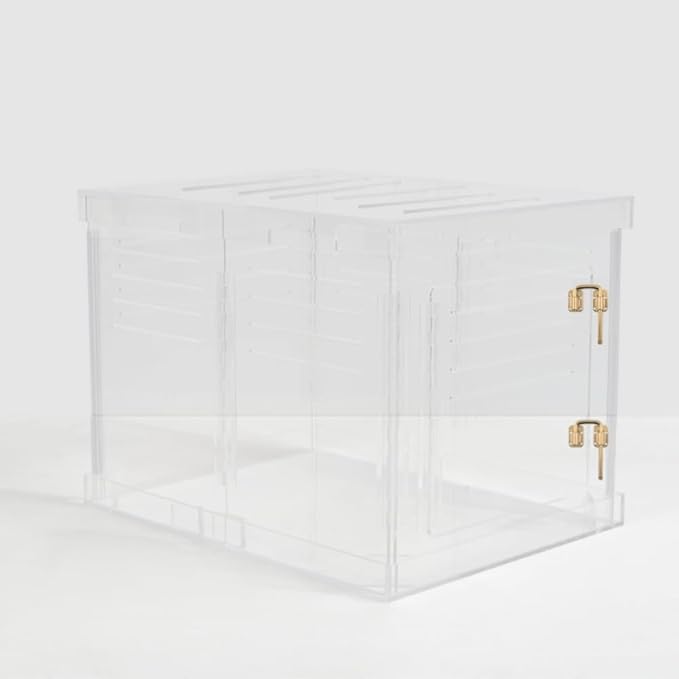 Clear Acrylic Small Dog Crate Furniture with Charcoal Cushion for Small Dogs up to 22 lbs, 3 in 1 Pet Crate and Gate, Modern Furniture Style Indoor Kennel, Dual Gold Latch, 16 x 24 x 18 in