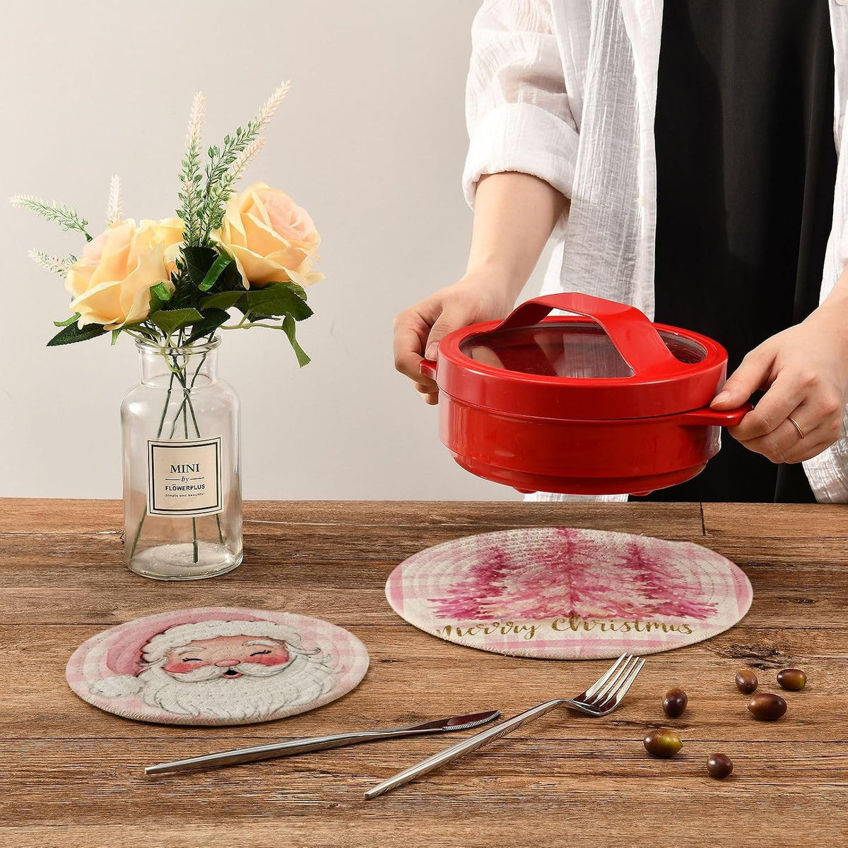 Pink Chrtsmas Tree Trivet Mat 2PCS Hello Winter Snowflake Round Woven Potholders Kitchen Table Countertop Protector Hot Pads Farmhouse