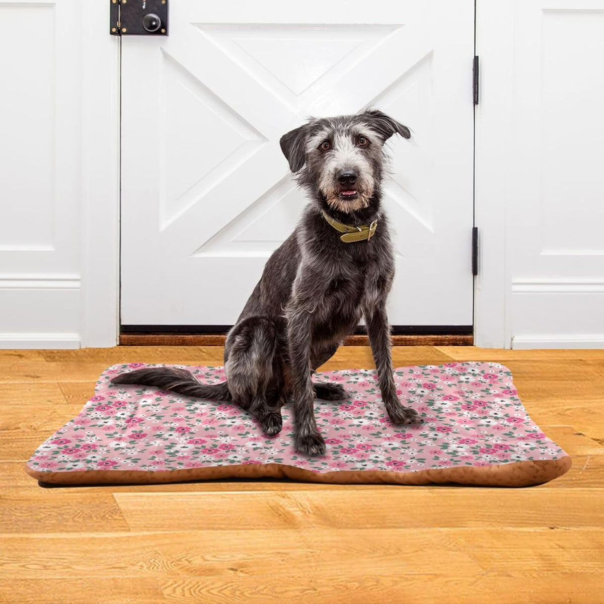 Pink Floral Pet Bed Pad Soft Dog Bed Mat with Anti-Slip Bottom, Machine Washable Crate Pad Mattress for Dog Sleeping