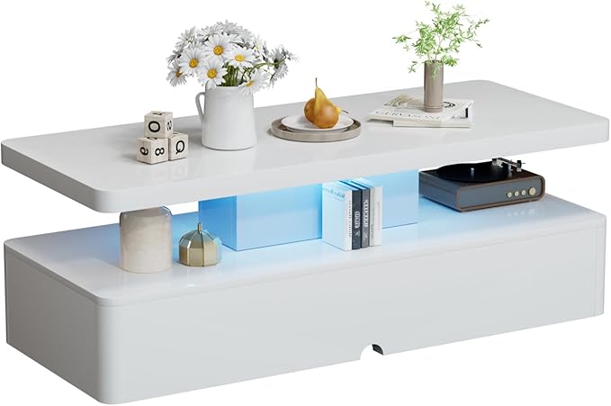 oneinmil Modern Stylish Coffee Table with 16 Colors LED Lights, Double-Layer Design for Living Room, White