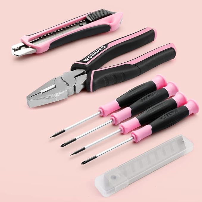 WORKPRO 53-Piece Pink Tool set with Electric Cordless Screwdriver, Basic Tool Kit Set for Women with 13'' Portable Tool Bag for DIY Home Repair/Maintenance - Pink Ribbon
