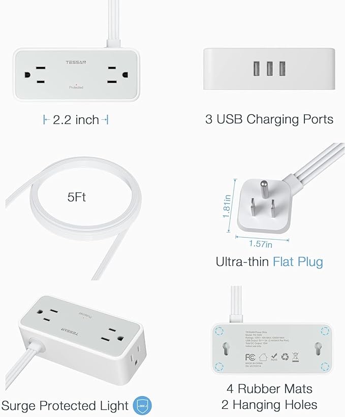TESSAN Flat Plug Extension Cord 5 FT, Surge Protector Power Strip with 4 AC Outlets and 3 USB A Ports, 900 Joules Protection, Multiple Wall Outlet Extender Suitable for Office Dorm, Grey