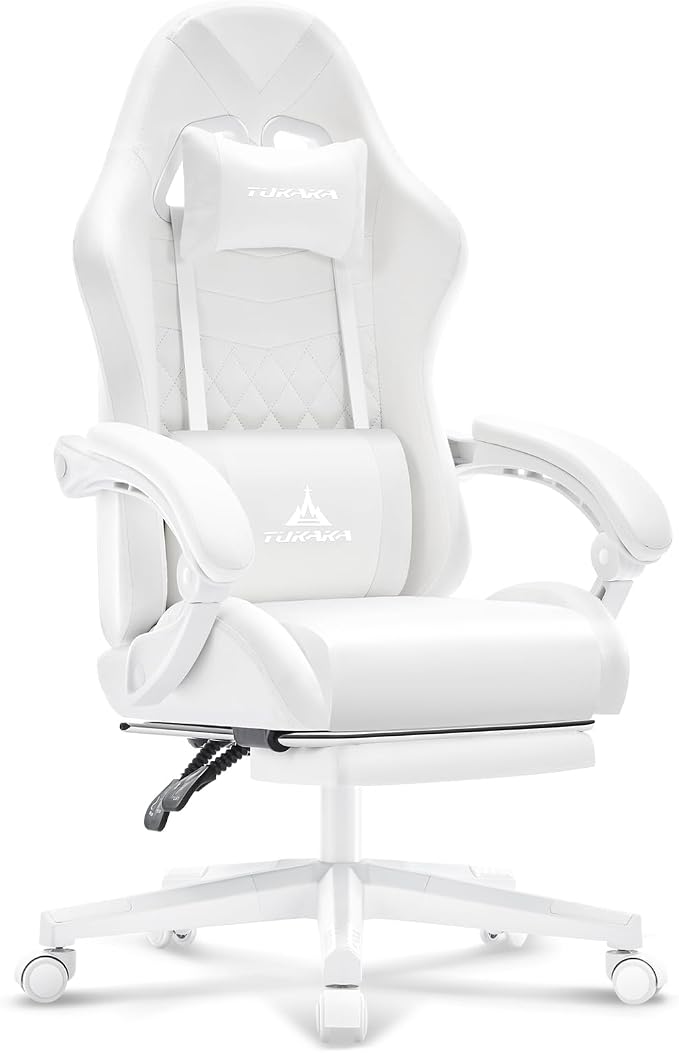 White Gaming Chair,Ergonomic Massage Office Desk Chair with Footrest | Pocket Spring Cushion,Reclining,Thick High Back,Headrest and Lumbar Support,Adjustable Leather Computer Chair Gamer Chair