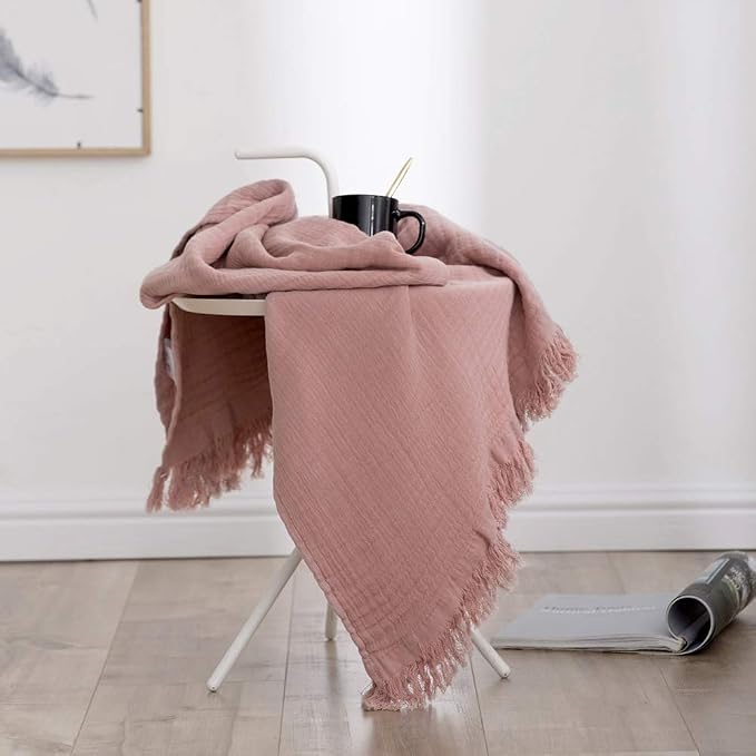 Simple&Opulence Cotton Muslin Throw Blanket for Bed, Couch, Knit Woven Gauze Blanket with Tassels, Soft Lightweight Cozy Pre-Washed Breathable Farmhouse Decoration for All-Season (Dusty Rose)