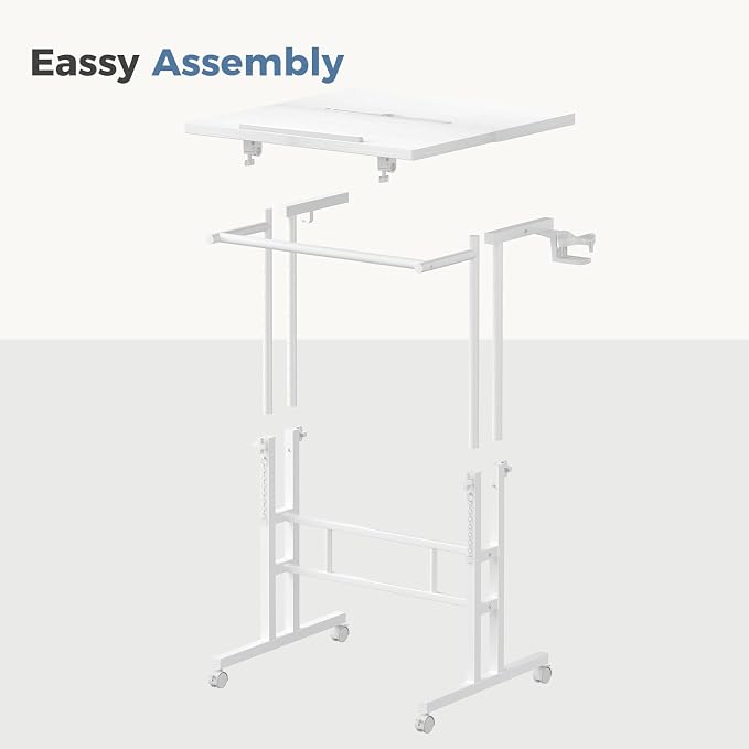 DUMOS Rolling Standing Desk, Sit Stand Desk, Computer Cart | Manual Height Adjustable, Split Top Mobile, Laptop Workstation, Portable Home Office, Walking Pad Study Surface, White