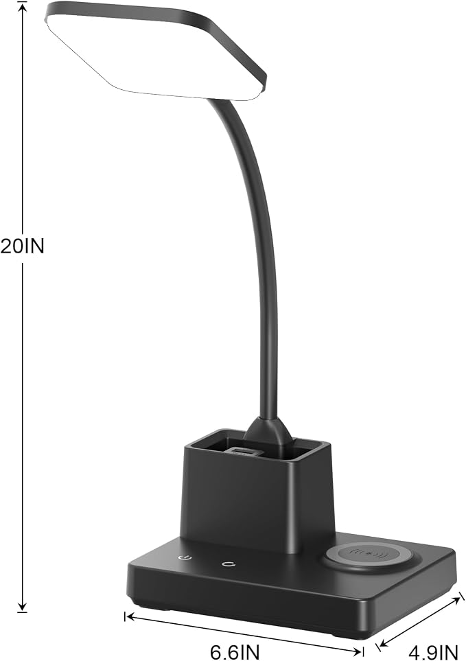 Wireless Charging Desk Lamp USB Charging & Pen Holder, Matte Black | CRI 95, 800LM, Stepless Dimming, 3 Modes, 360°Flexible Arm, Touch, Study Table Lamp for Home Office, Dorm Room, with Adapter
