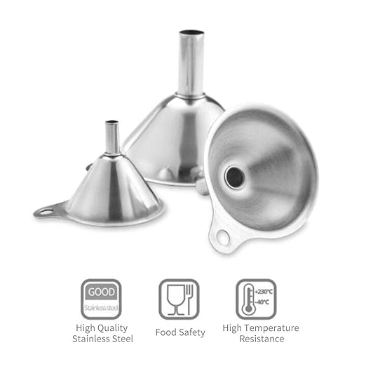 3 in 1 Metal Funnels for Filling Bottles Stainless Steel Small Kitchen Funnel Set for Transferring Essential Oils Liquid Fluid Spice Dry Ingredients Powder, Durable (Short-Handled Funnel)