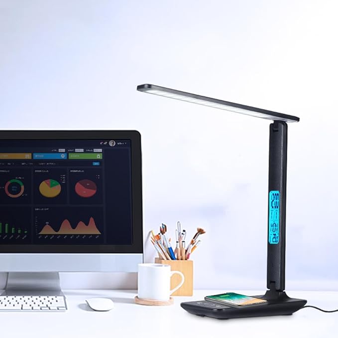 Multifunctional LED Desk Lamp with Wireless Charger,USB Charging Port,Clock,Phone Holder,Desk Lamps for Home Office,Eye-Caring Reading Lamp,Study Lamp for Boys,Girls,Teens,Black
