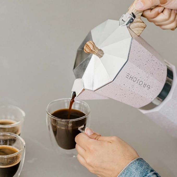 GROSCHE Milano Moka pot, Stovetop Espresso maker, Greca Coffee Maker, Stovetop coffee maker and espresso maker percolator (Pink, 3 cup) | Cuban Coffee Maker And Italian Moka Pot For Stovetop Espresso; For Gas, Electric, And Propane Stoves With A Soft-T...