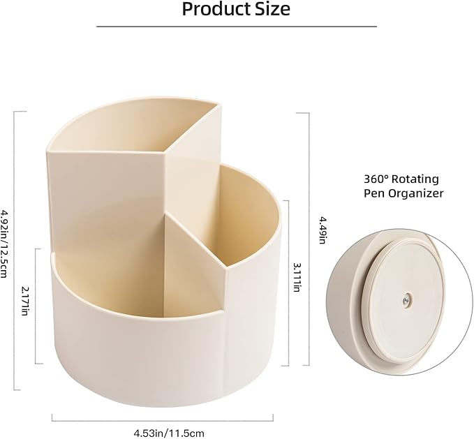 Desk Pencil Pen Holder, 3 Slots 360-Degree Spinning Organizers, Desktop Storage Stationery Supplies, Cute Cup Pot for Office, School, Art Supply, Kids - White