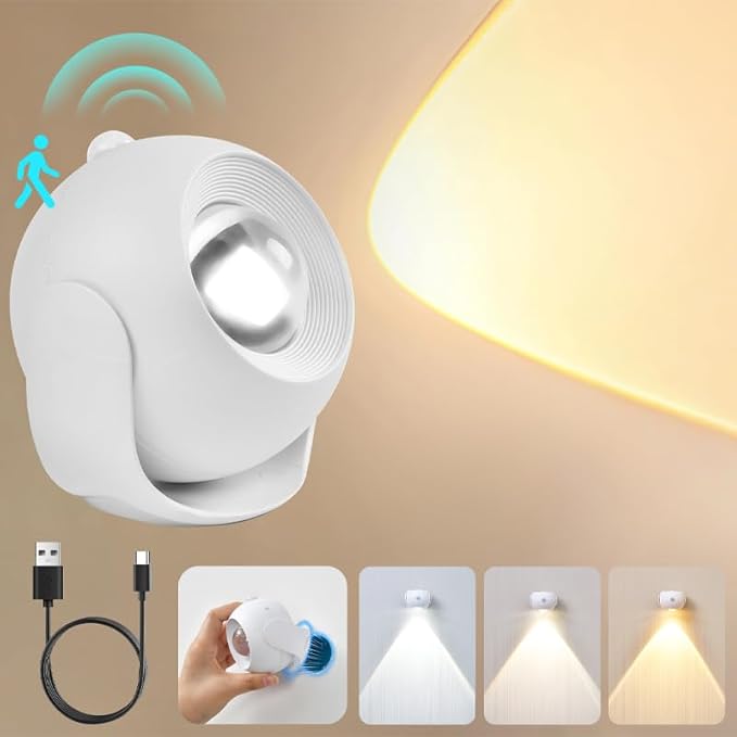 Motion Sensor Wall Light,350° Rotatable Brightness Adjustable Wireless Wall Light, 3 Color Modes Rechargeable Battery Operated Wall Lights for Bedroom, Hallway, Stairs, Closet, Bathroom