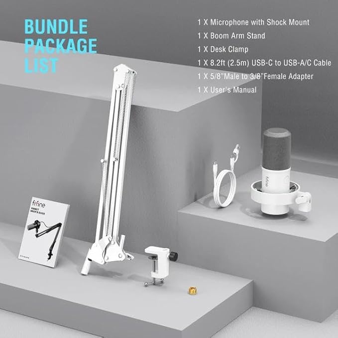 FIFINE AmpliTank K688CTW Dynamic Microphone with Boom Arm, XLR/USB Mic | Studio Vocal Podcast Mic Kit for PC, with Mute Button, Volume Knob, Headphone Jack, for Streaming Recording, White