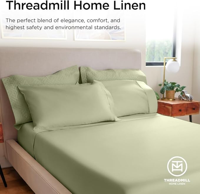 Threadmill Luxury 800 Thread Count Full Size 100% Cotton Sheets - Sage Green Sateen Weave Bed-Sheets, Better Than Egyptian Cotton, 4 Pc Solid Bed Set, Fits 16" Deep Pocket
