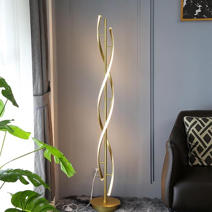 LED Modern Floor Lamp for Living Room, 40W 3 Colors Stepless Dimmable and Color-Changing Bright Floor Standing Lamp,60" Unique Spiral Floor Tall Lamp for Bedroom Office with Remote,Gold