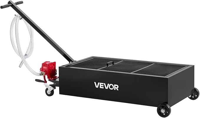 VEVOR Low Profile Oil Drain Pan, 25 Gallon Capacity, Rolling Oil Drain Pan with Manual Pump, 7.2 ft Hose & T Folding Handle, Leak-Proof & Corrosion-Resistant, Fit for Cars, SUVs, Trucks, ATVs, Black