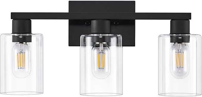 3-Light Bathroom Vanity Light, Black Vanity Lights with Clear Glass Shades, Bathroom Wall Sconce Lamp for Mirror Living Room Bedroom Hallway