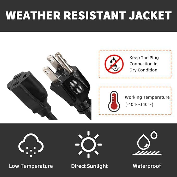 Indoor Outdoor Extension Cord Weatherproof, UL Certified, 14 Gauge 12FT Black 3 Prong Heavy Duty, 14/3 SJTW 15A Power Cord for Outdoor Lights, Appliances, Lawn