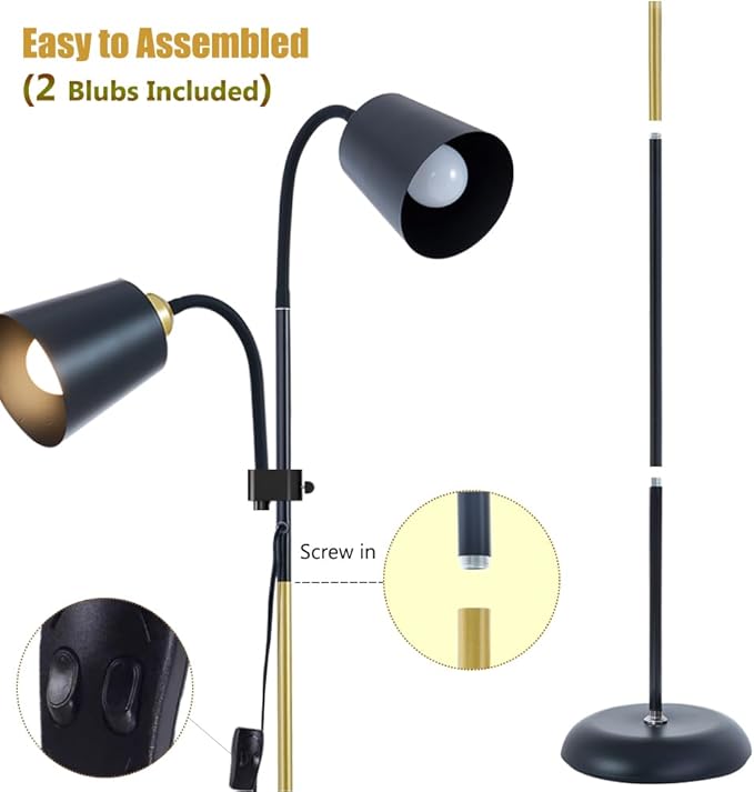 AoMck Floor Reading Lamp, Industrial Metal Floor Lamps for Living Room with Adjustable Bendable, 2 in 1 Reading Table Lamps for Living Room Bedroom Office, 12W Bulbs Included (White-2 Heads)