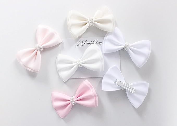 0-12 Newborn Baby Baptism Pearl Headband or Clip with Bow in WHITE Christening Headband with Satin Bow, Pearl Rhinestone Band (White Clip, 1 Count (Pack of 1))
