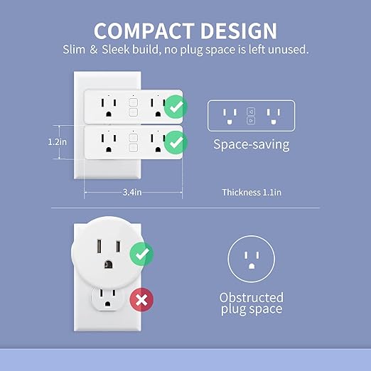 Dual Smart Plug, 15A WiFi Outlet Extender, Smartlife App Control, Schedule Timer Function, 2-in-1 Compatible with Alexa, Google Home Assistant, No Hub Required, ETL&FCC, 2.4G WiFi Only, 2-Pack