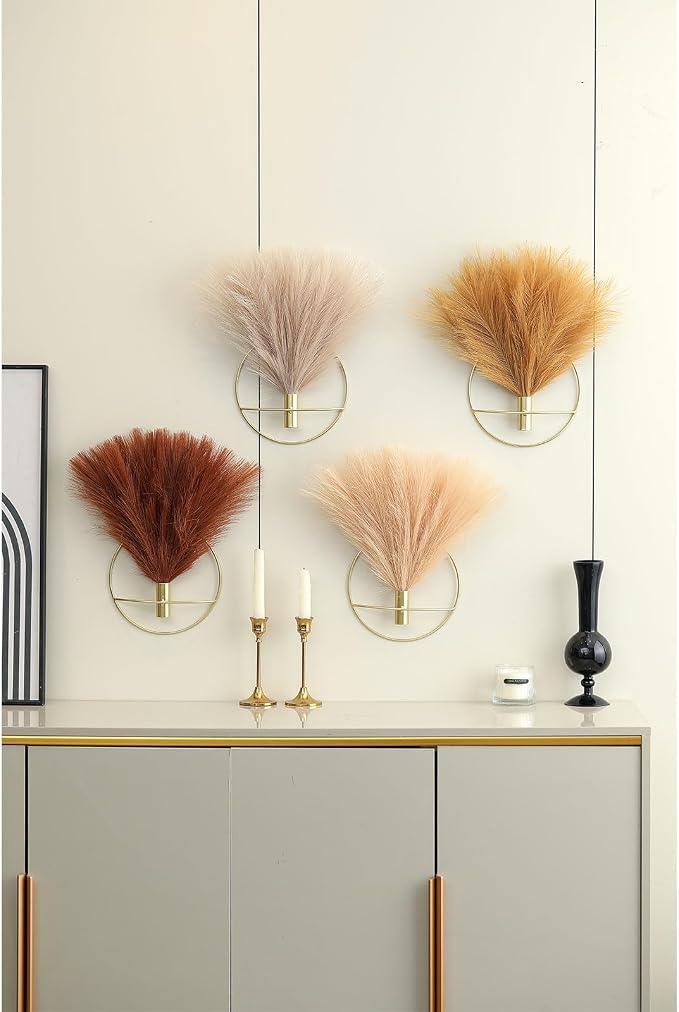 Pretty Jolly Boho Pampas Wall Decor Black Metal Wall-Mounted Art | Morden Artificial Greenery Display,2 Pack Hanging Planter For Living Room, Bedroom, Bathroom, Dining room