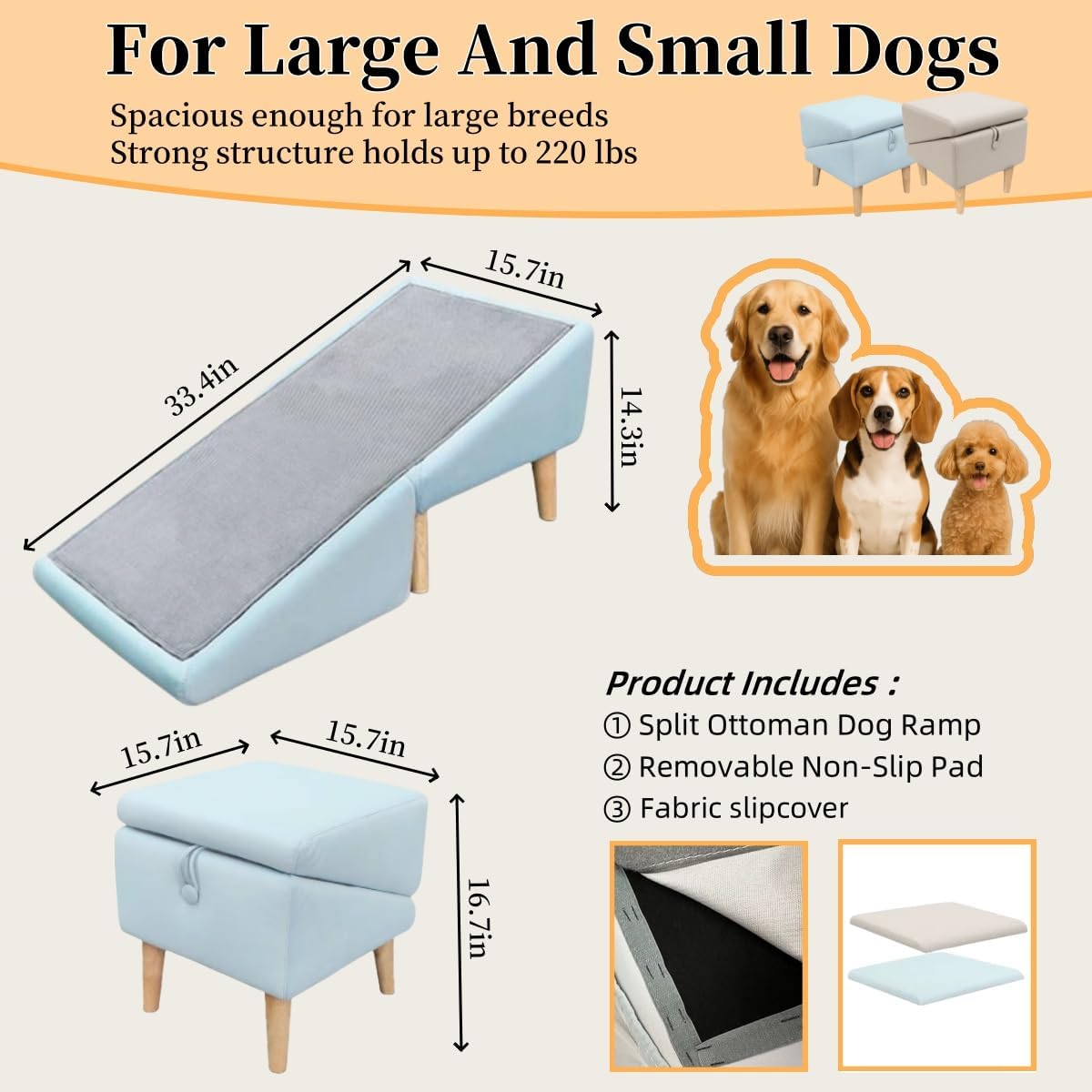 Split Ottoman Dog Ramp, Folding Pet Ramps Stairs for Couch, Pet Ramps Stairs for Small and Large Dogs, Holds up to 220 lbs (Blue, One Size)
