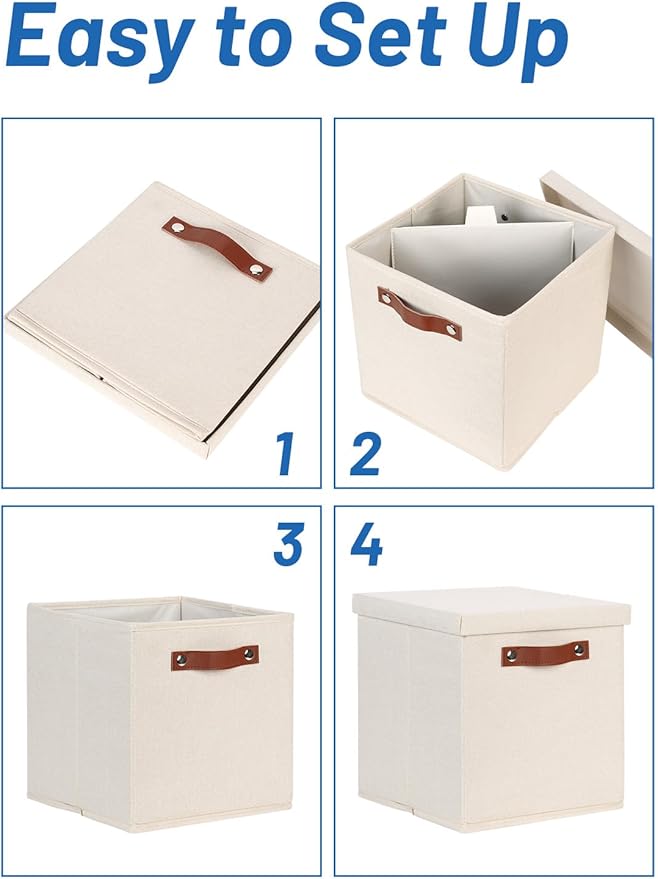 Temary Foldable Fabric Storage Bins with Lids, 2-Pack Storage Bin for Organizing Living Room, Closet Organization, Multi-Purpose Storage Boxes for Clothes (Beige, 10.5x10.5x10.5 inch)