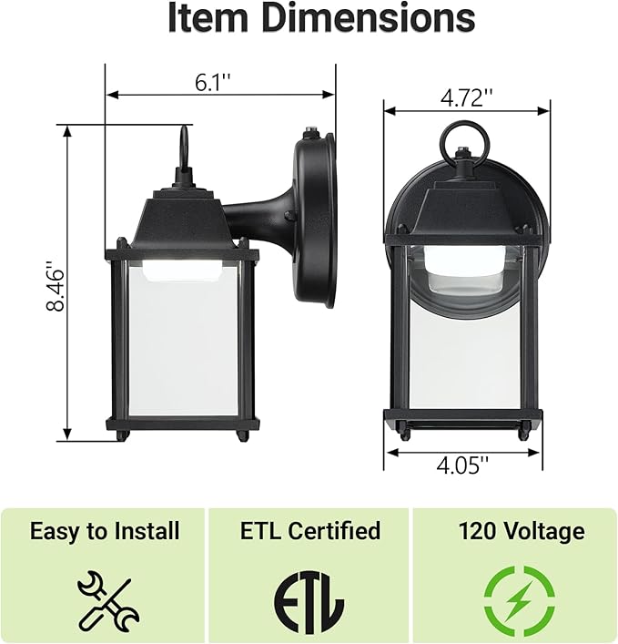LIT-PaTH Small Outdoor LED Wall Lantern with Dusk to Dawn Photocell, 5000K Daylight White, 9.5W, 800 Lumen, Aluminum Housing Plus Glass, Outdoor Rated, 1-Pack, Black