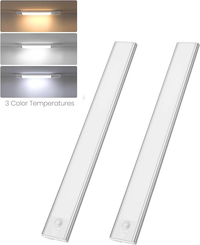 12" LED Cabinet Light with Motion & Light Sensor, Pack of 2 Rechargeable Under Cabinet Lighting, 3 Color Modes 3000K/4500K/6000K, 62 LEDs, 150LM, USB, 2200mAh Battery, Wireless Closet Light