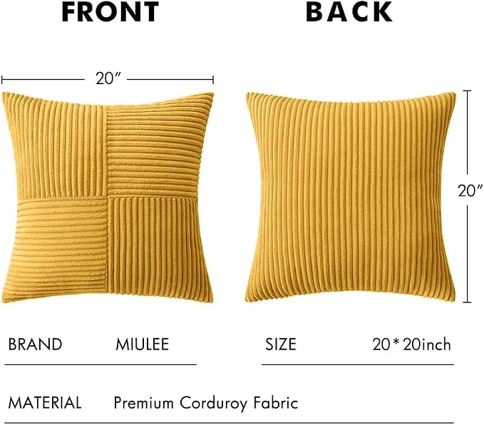 MIULEE Mustard Yellow Decorative Throw Pillow Covers for Couch 20x20 Inch | 2 Pack, Boho Farmhouse Pillow Covers, Soft Cross Corduroy Patchwork Textured Cushion Cases For Bed Sofa