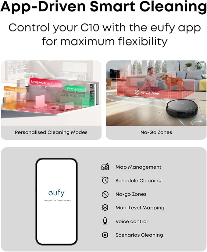 eufy C10 Robot Vacuum Self Emptying, 8 Weeks Hands Free, 2.85-Inch Slim | Advanced Smart Mapping with LiDAR Navigation, Powerful Suction, Edge Expansion Brush for Pet Hair, Carpet Detection