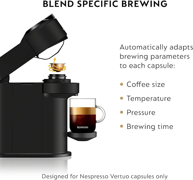 Nespresso Vertuo Next Coffee & Espresso Maker by De'Longhi, Black | Matte black coffee machine with slim, sustainable design. Brews 6 cup sizes, espresso to 18 oz., topped with crema.