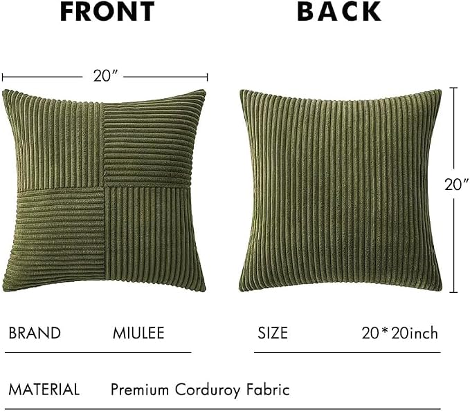 MIULEE Olive Green Decorative Throw Pillow Covers for Couch 20x20 Inch | 2 Pack, Boho Farmhouse Pillow Covers, Soft Cross Corduroy Patchwork Textured Cushion Cases For Bed Sofa