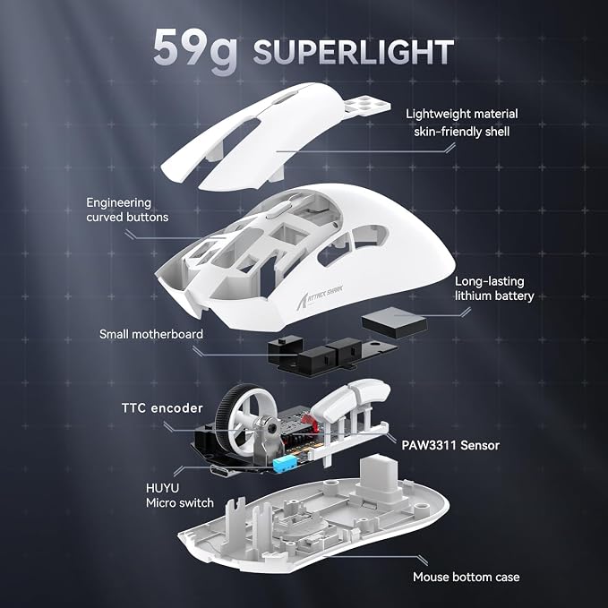 ATTACK SHARK X68HE 60% Wired RT 8K Keyboard+Wireless R1 Mouse-White Contour | Adjustable Actuation,Hall Effect Mechanical Magnetic Switch,Coiled Cable,USB C/2.4Ghz/BT Ultralight 18K DPI Mice for PC Gamer