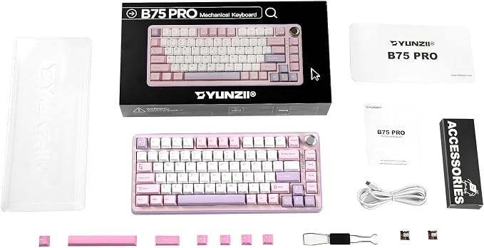 YUNZII B75 PRO 75% Wireless Mechanical Keyboard (Purple, Cocoa Cream V2) | Hot Swap Keyboard with Knob, Gasket Mount, Creamy Pre-lubed Switch for Smooth Typing, BT/USB-C/2.4G, for Gaming