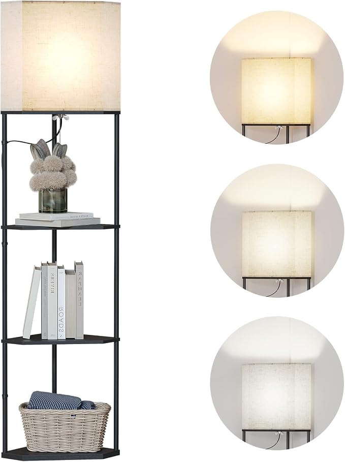 SUNMORY Sector Corner Shelf Lamp 3 Color Temperatures LED Bulb,Corner Lamps with Linen Lampshade, Floor Lamps for Living Room, Bedroom, Study, Black Standing Lamp with Shelves