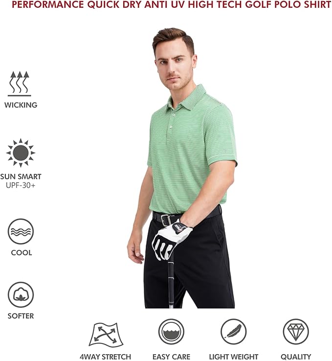 Men's Golf Polo Shirts Short Sleeve Striped Performance Moisture Wicking Dry Fit Golf Shirts for Men