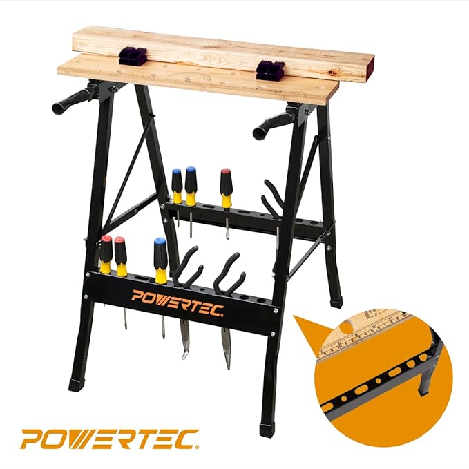 POWERTEC Portable Small Workbench with Vise, Imprinted Ruler and Protractor Scale, Folding Sawhorse/Worktable and 4 Bench Dogs for Woodworking Projects (MT4006)