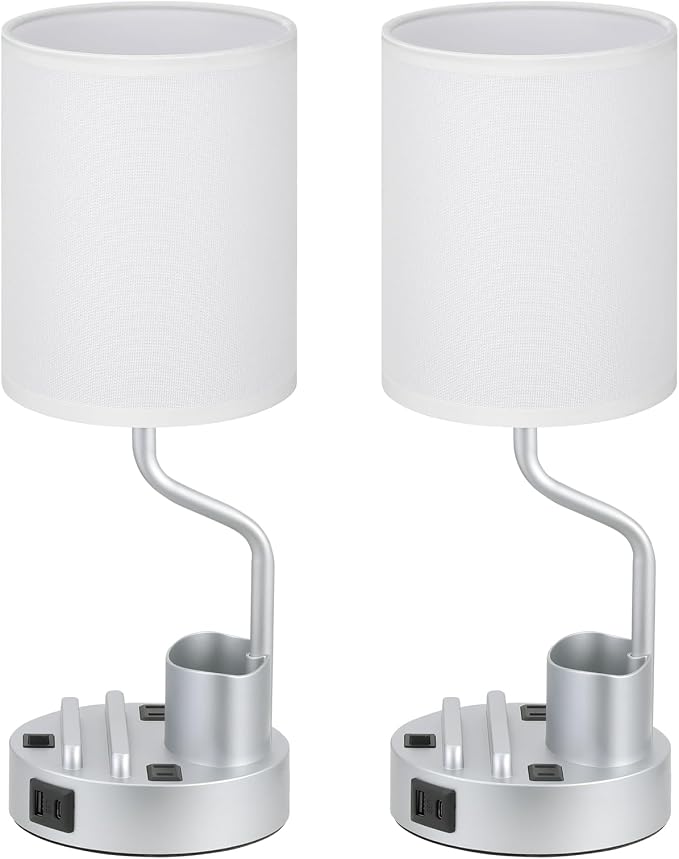Fenmzee Bedside Lamps for Bedroom Set of 2 - Table Desk Lamp for Nightstand | 15" Table Lamp for Living Room with Pen Holder & Phone Stand, USB A+C Port, AC Outlet, 3 Color Temperature, LED Bulb Included