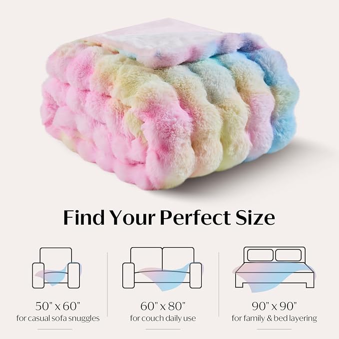 DOWNCOOL Faux Rabbit Fur Throw Blanket, Soft Fluffy Fuzzy Plush Bubble Blanket for Couch Sofa & Bed, Cozy Warm Luxury Fleece Minky Blanket, 60x80 Inches Rainbow