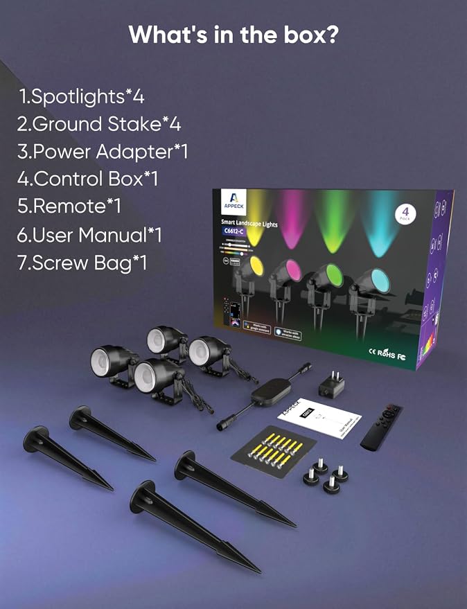 APPECK Landscape Lighting, RGBW Spotlights with APP Control,4 Pack | Color Changing Low Voltage ,IP65 Waterproof Outdoor Landscape Lights for Garden Yard Outside Decoration
