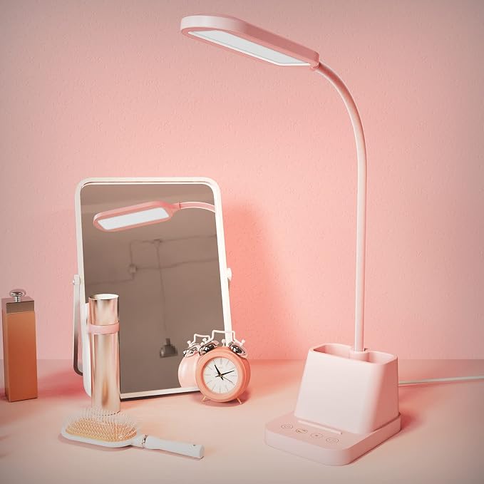 AXX Pink Cute Desk Lamp with USB Charging Port for Kids Teen Girls Women | Kawaii, Small, LED, 650LM, for College Dorm Room Bedrooms, Home Office Accessories, Study Table Essentials