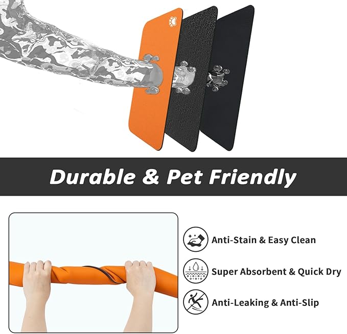 Dog Food Mat - Absorbent Cat Mat for Food and Water, No Stains Pet Feeding Bowl Mat, Easy to Clean Pet Placemats, Quick Dry Dog Water Dispenser Mat for Messy Drinkers | Paw Orange 12"x 19"
